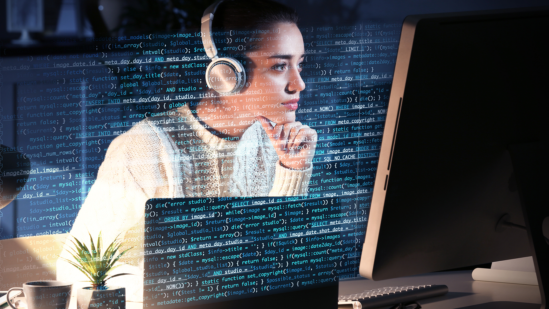 Young woman working with computer at table. Concept of cyber attack