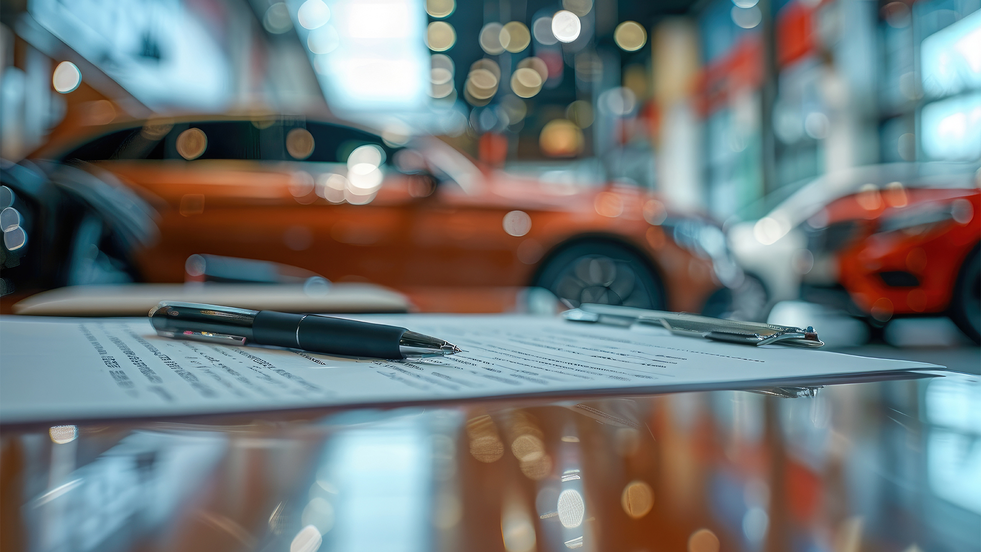 A car dealer signs a contract for a new car at a car dealership.