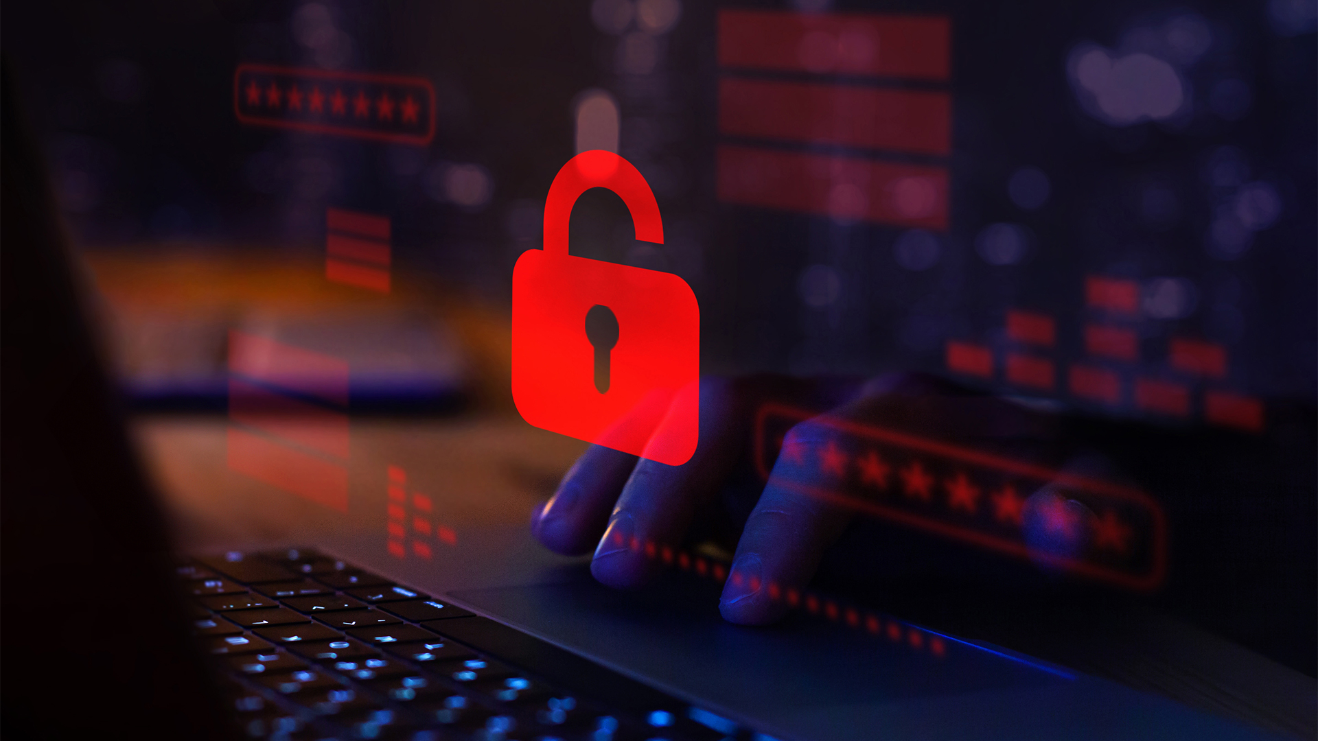 Hacker attack. Security breach, system hacked, internet cyber attack alert with red broken padlock, cybersecurity.