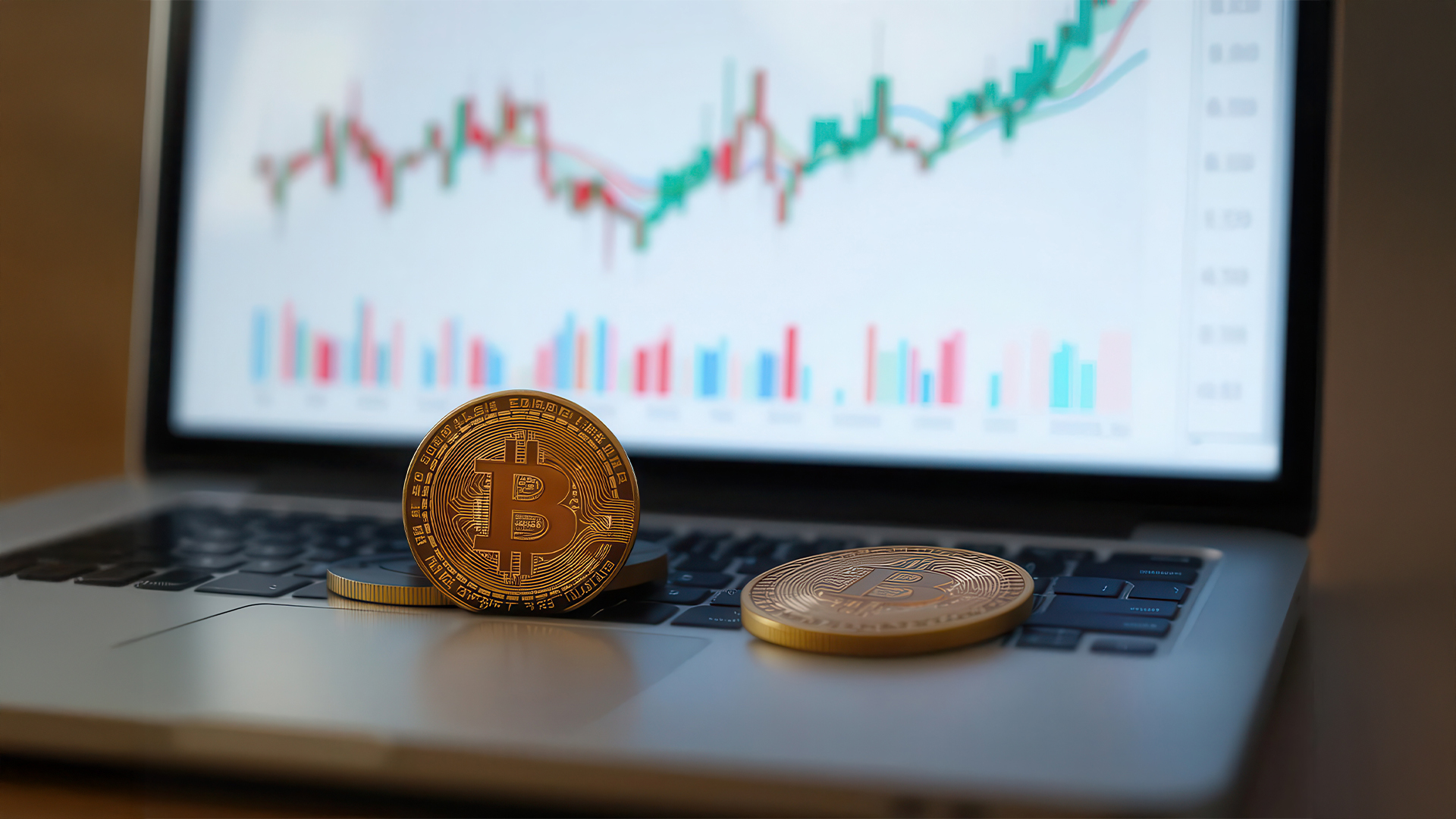 Bitcoin on laptop with trading chart