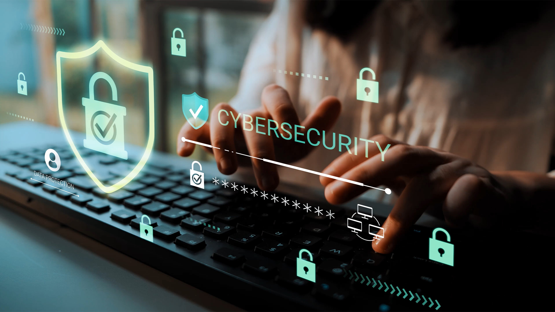 Cybersecurity Protection and Online Safety Concept with Digital Padlock and Secure Data Management on Keyboard in Modern Workspace Gluon.