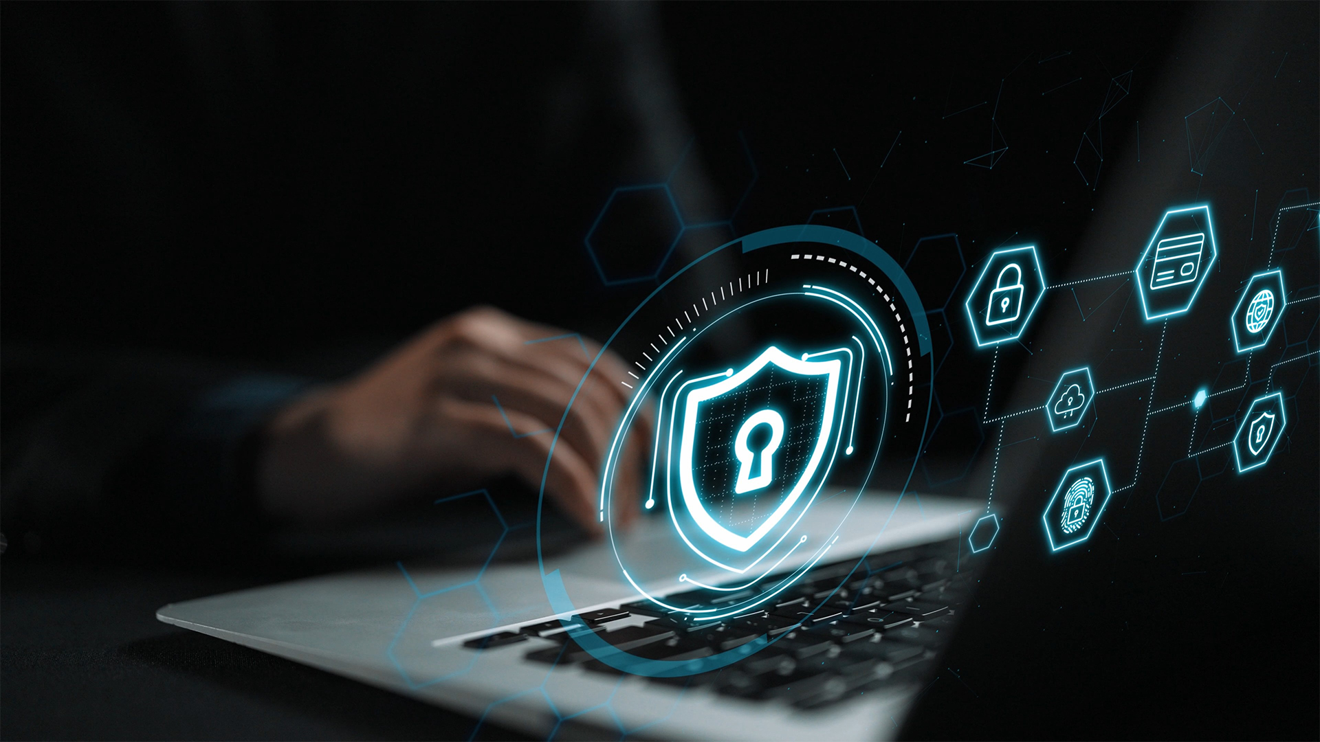 Secure Digital Environment with Laptop and Cybersecurity Icons Emphasizing Data Protection and Encryption for Technology Usage